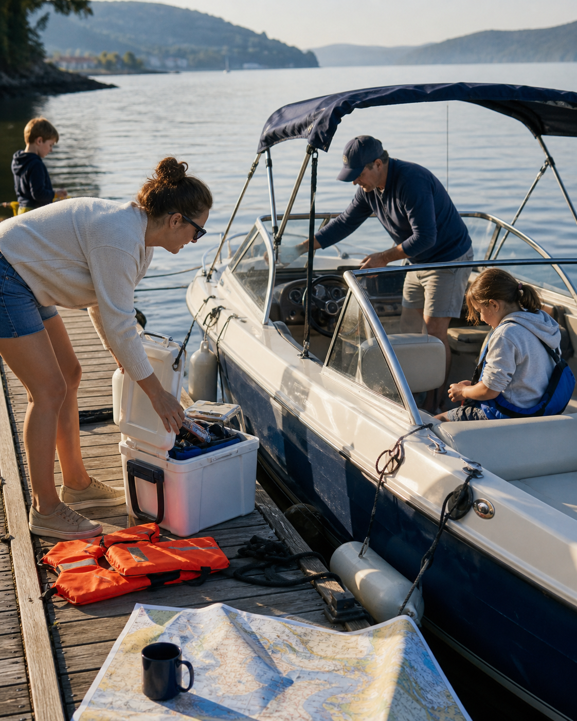 Cooler and life jackets on a Hudson River dock